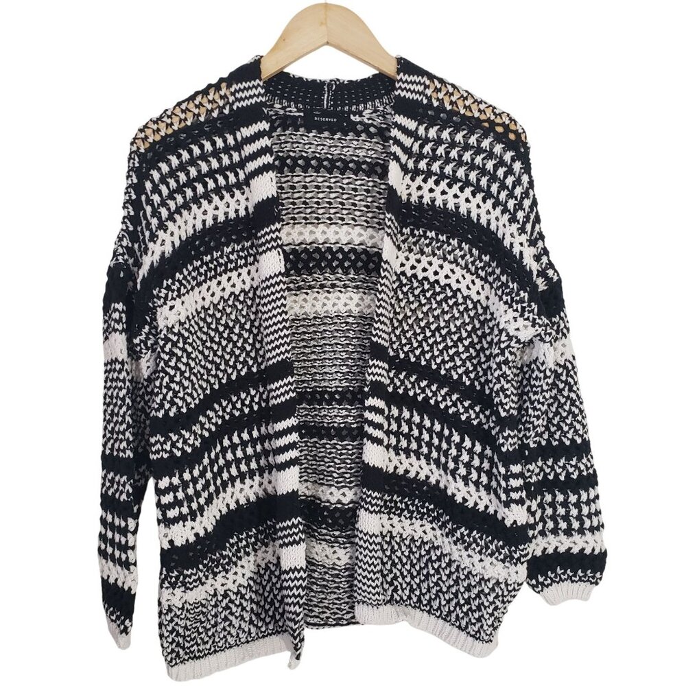 Reserved Black White Striped Open Knit Cardigan Sweater‎ Size S Layering Boho